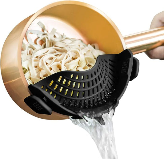 UOON Clip On Strainer Silicone for All Pots and Pans, Pasta Strainer Clip on Food Strainer for Meat Vegetables Fruit Silicone Kitchen Colander