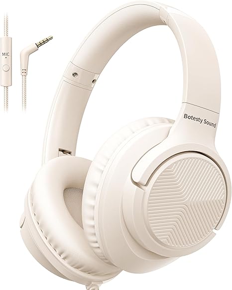 Headphones Wired with Microphone, Over Ear Foldable 3.5mm Plug in Headphones Corded with 4.9ft Tangle-Free Nylon Cord for Tablet, Laptop, MP3/4, School, Airplane Travel (Beige)